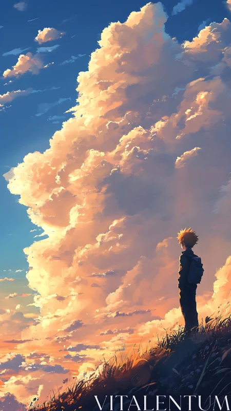 Silhouetted figure observes illuminated cumulonimbus at dusk