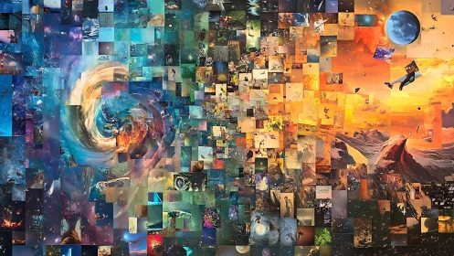 Spectrum-driven cosmic photomosaic with vortex-to-sunset gradient.