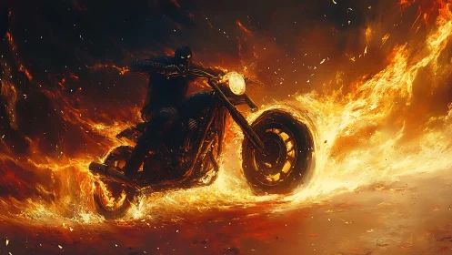 Motorcycle rider cutting through swirling flames at speed.