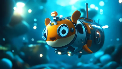 Amphibious cartoon submersible with biomimetic fish chassis.