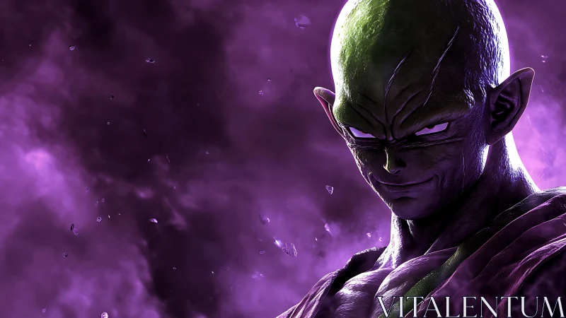 Luminous green warrior rendered in high-contrast purple nebula.