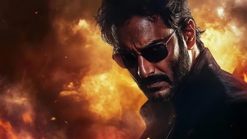 Intense man in sunglasses against blazing fire backdrop.