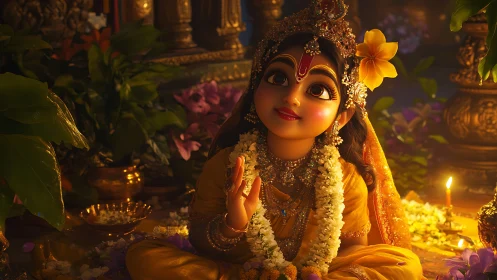 Devotional digital idol with garlands in luminous shrine setting.