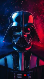 High-contrast sci‑fi armor portrait with dual red blue rim lighting