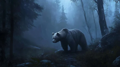 Luminous fog forest traversal by solitary bear subject.