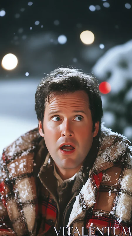 Snow-dusted surprise under winter lights and quiet laughter.