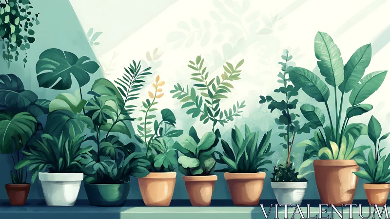 Row of potted indoor plants stands in diffused daylight