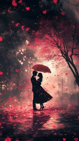 Romantic couple embracing under red umbrella in magical night