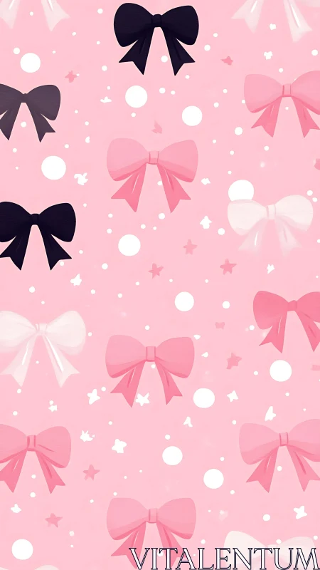 Pink bow pattern with black accents on soft pastel background.