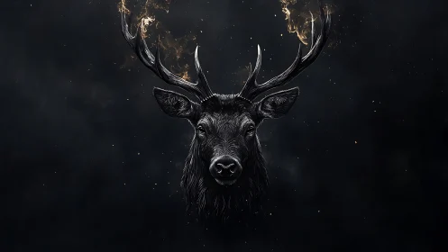Stag portrait with luminous antlers in dark cinematic void.