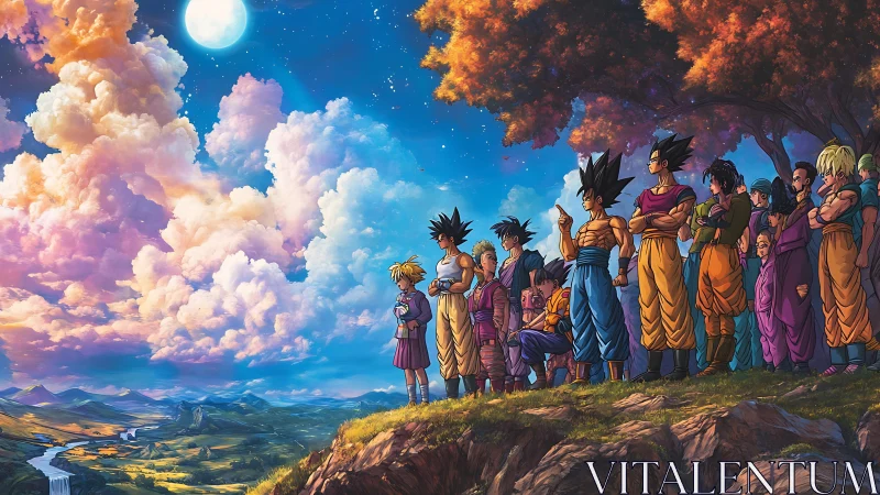 Anime heroes observe luminous sky over pastoral valley
