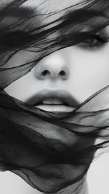 Soft veiled portrait in flowing black sheer mystery.