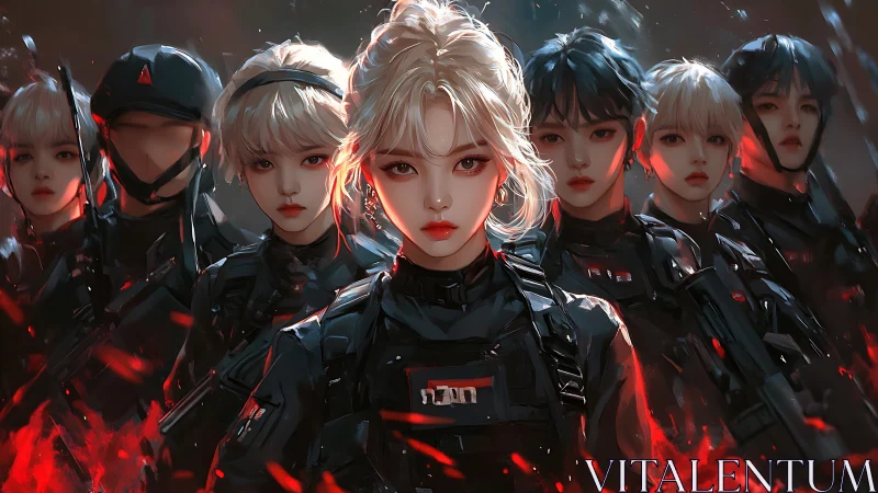 Parametric-lit tactical squad portraits with red-accent armor symmetry