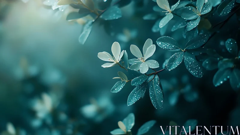 Dewlit teal foliage cradles delicate white blossoms in hush