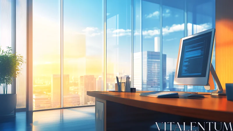 Sunlit skyline office where code hums above the city.