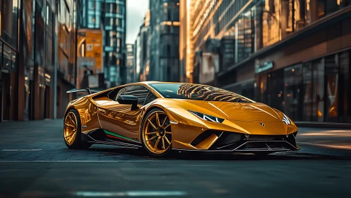 Golden supercar gliding through a sleek city evening street.