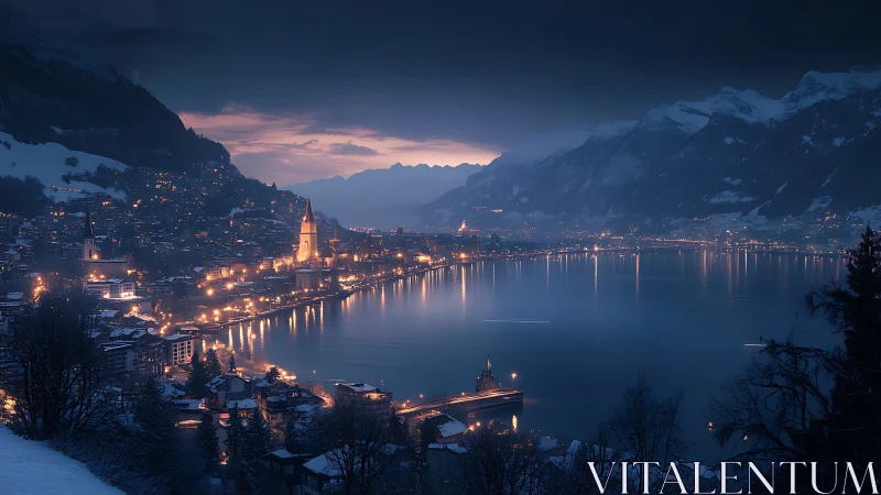 Twilight harbor town cradled by snowy mountains and lake glow.
