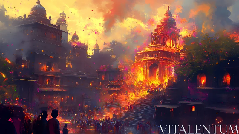 Temple stairways ignite in molten dusk and festival light