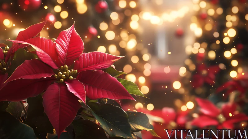 Crimson poinsettias hold court beneath drifting holiday lights