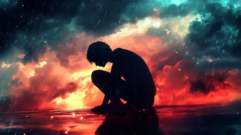 Silhouetted figure kneels in rain beneath a blazing storm sky.