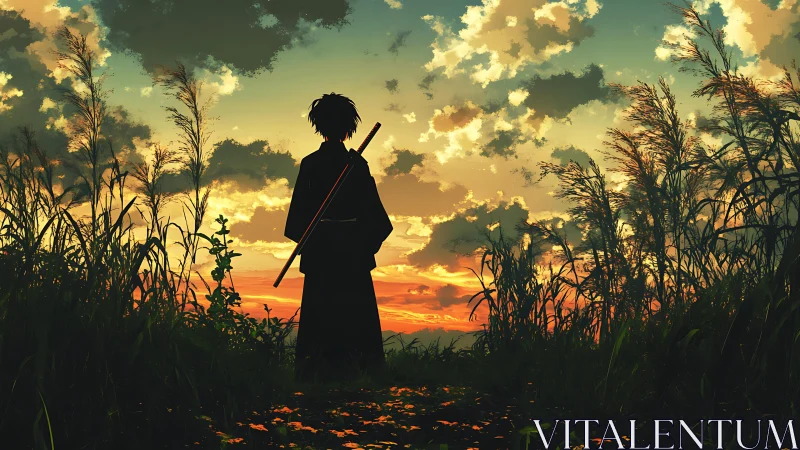 Lone sword-bearing figure studies blazing orange sunset sky