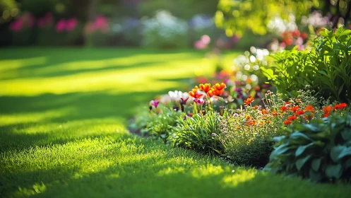 Sunlit perennial garden bed renders vivid chromatic depth