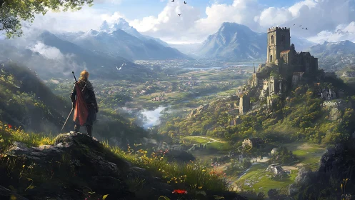 Lone cloaked warrior surveys vast valley and distant citadel