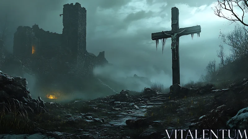 Stormlit crucifix stands before a ruined fortress at dusk.