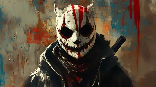 Shadowed mask bearer gazes out with eerie painted grin