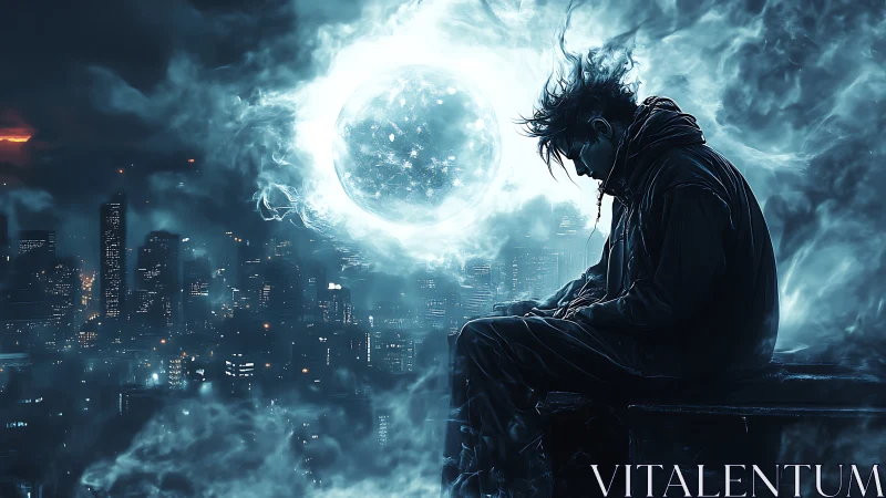 Solitary hooded figure silhouettes against luminous energy sphere