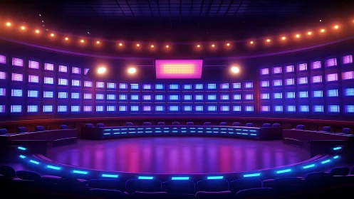 Television quiz studio with illuminated digital display walls.