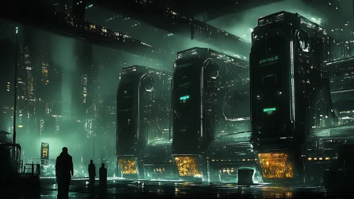 Futuristic industrial cityscape with illuminated megastructures.