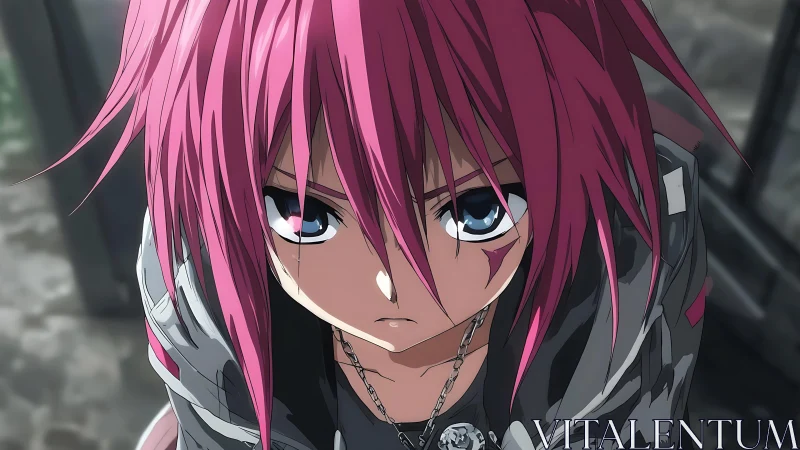 Pink haired anime rebel with scarred face in dramatic closeup