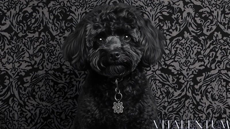 Black poodle portrait against ornate monochrome damask backdrop.