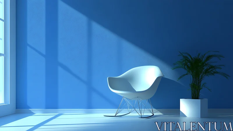 Modern white chair and potted plant in blue sunlit room.