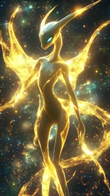 Luminous alien entity with plasma wings rendered in deep cosmic space