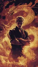Male martial figure stands before coiling dragon form