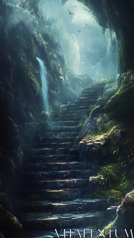 Mossy stone stairway ascending through luminous forest gorge.