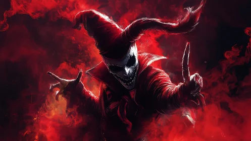 Fiery jester spirit dances in swirling red smoke and shadow