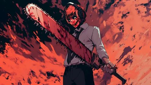 Chainsaw-headed humanoid figure with bloodstained weapon.