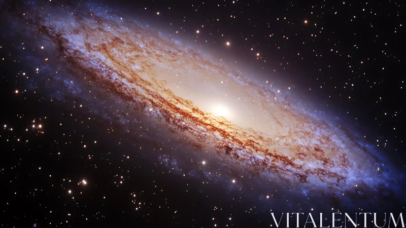 Edge-on spiral galaxy glows with dense starfield halo.