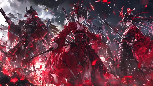 Crimson-blade samurai maidens command a storm of embers.