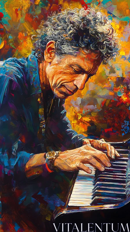 Expressive jazz pianist painted in vivid swirling color.