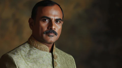 Regal portrait of dignified man in ornate golden sherwani.
