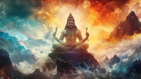 Divine mountain deity seated amid storm-lit celestial sky.