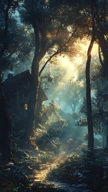 Golden Sunlight Pierces Forest Dwelling.