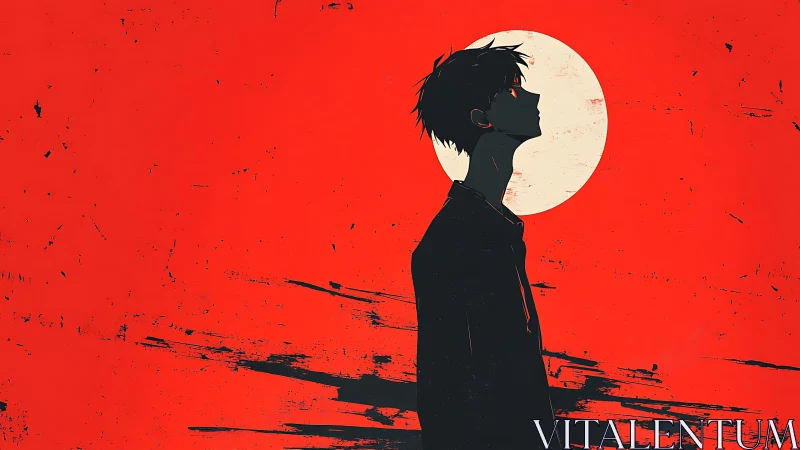 Minimalist anime silhouette against distressed red sunfield.