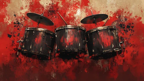 Drum trio emerges from abstract red splatter storm.