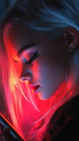 Neon glow wraps a thoughtful young woman in quiet light
