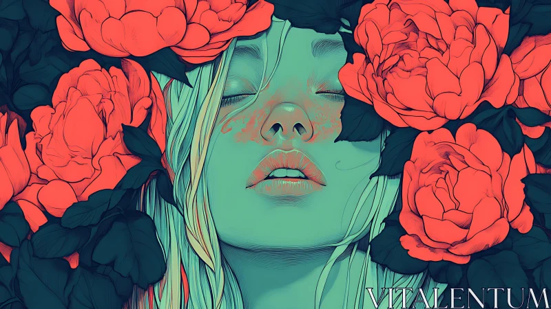 Dreamy teal portrait rests among bold blooming peonies